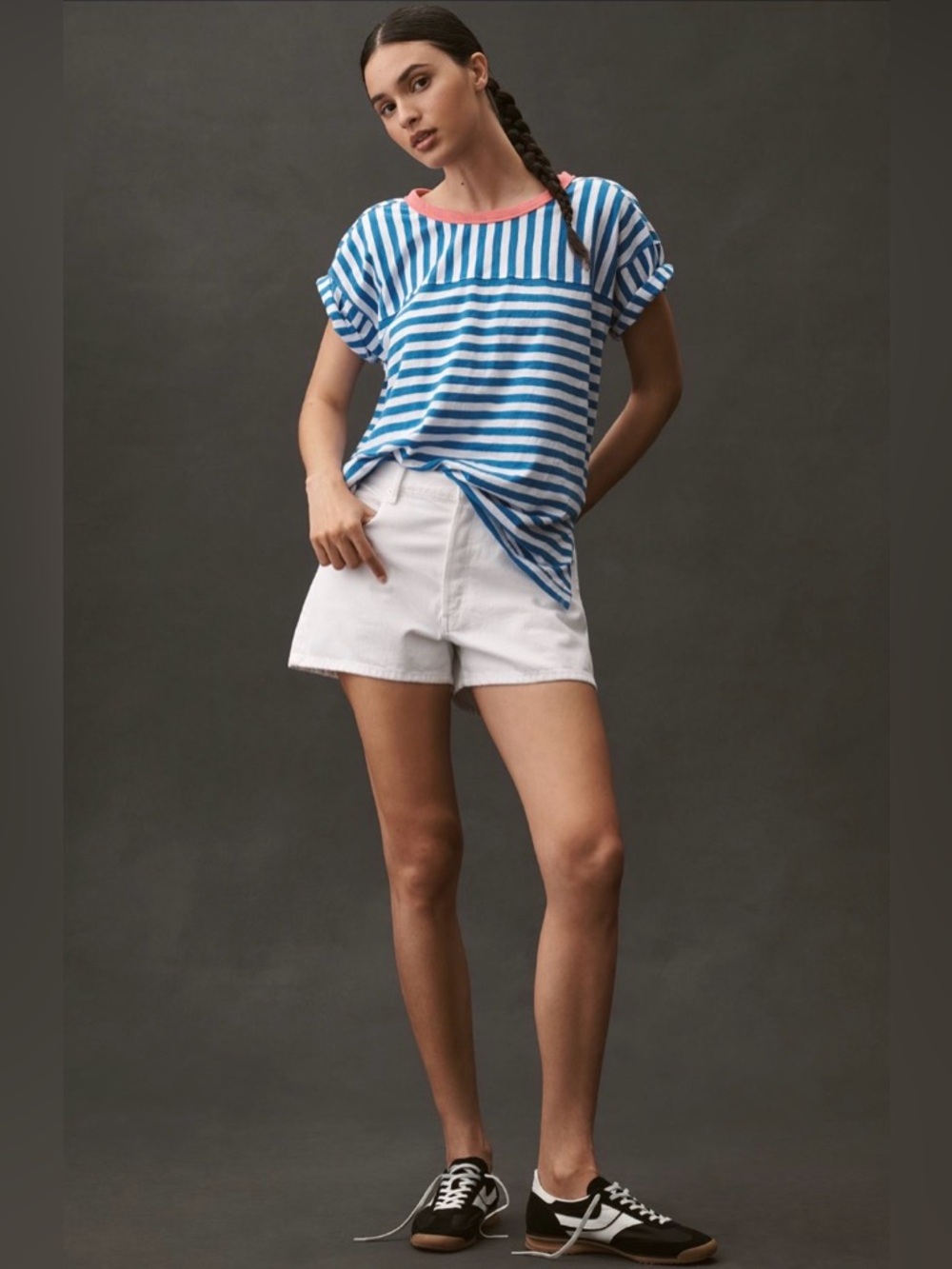 Pilcro The Jordyn Cotton Slub Crew Neck Oversized Tee -Blue, White, Pink - x-lg - Picture 3 of 12